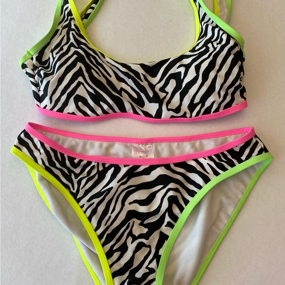 No Boundaries Juniors Zebra with Colored Trim Swimsuit Bikini Set Size 7-9